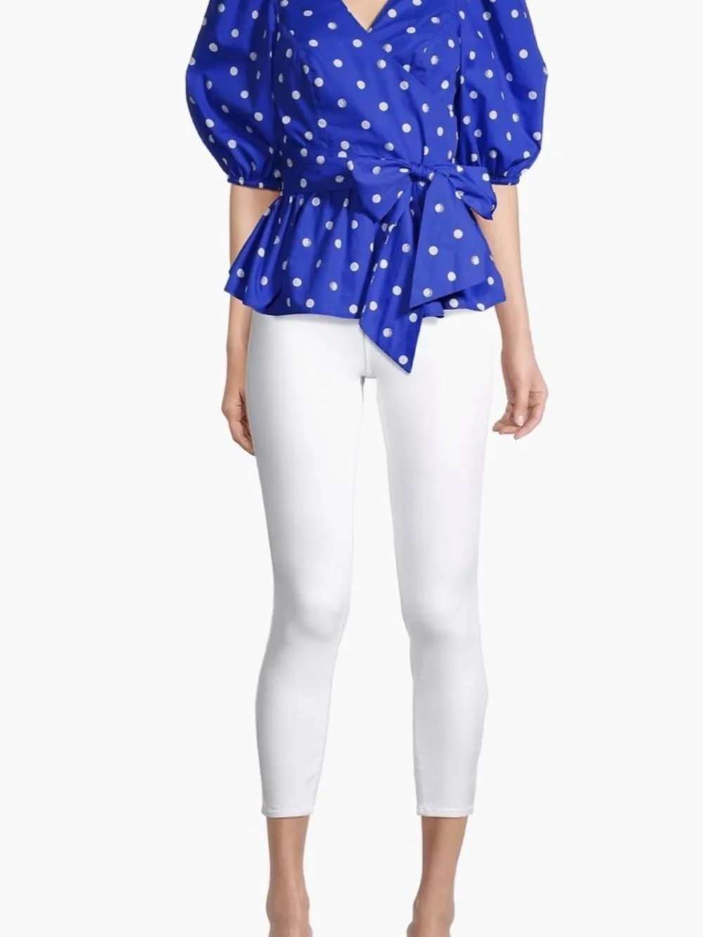 Lilly Pulitzer Royal Blue and White Polka Dot Tie-Waist Puff Sleeve Blouse